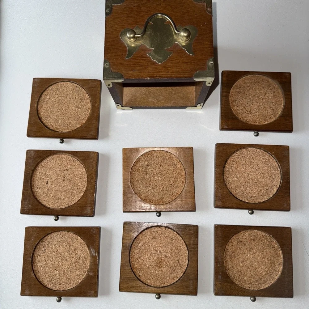 Vintage Wood‎ Cork Coaster Set 8 Mid Century Metal Trim Accents Handle